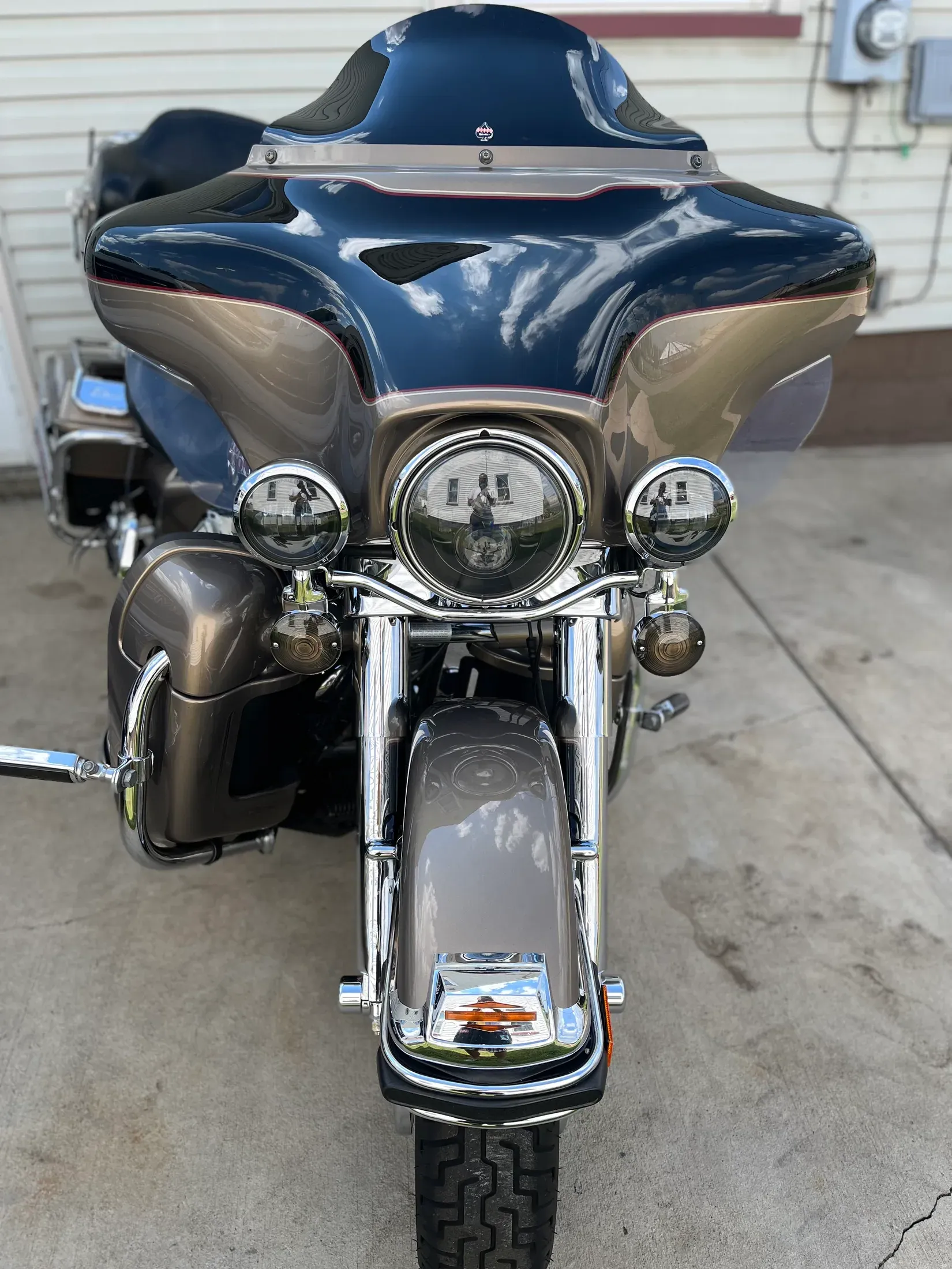 Front view of a polished Harley-Davidson touring motorcycle.