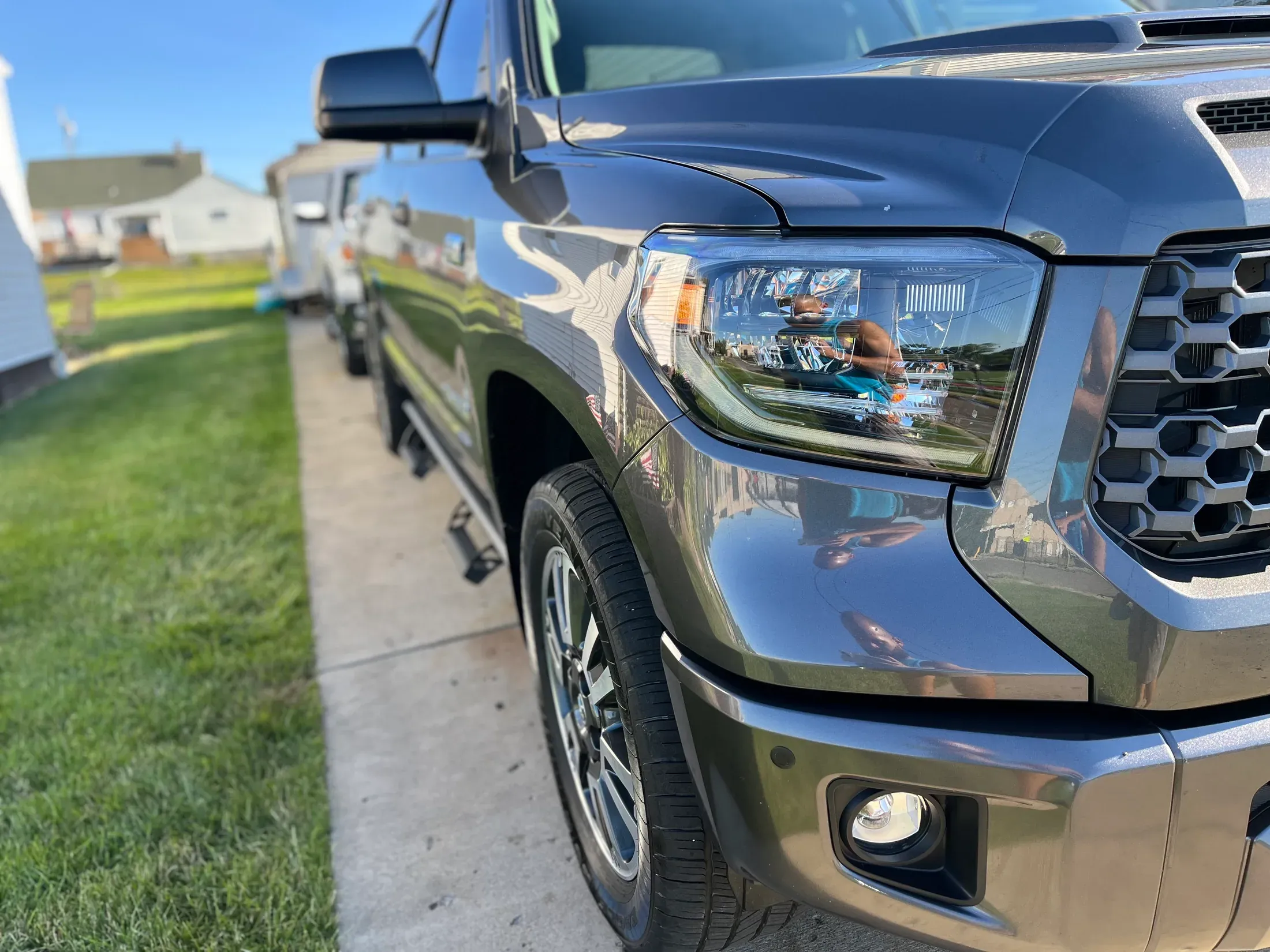 Detailed gray Toyota Tundra viewed from the front.